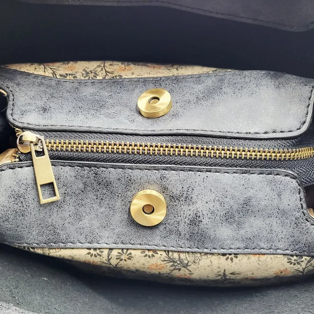 Joy Susan Angie Satchel Bag Carved Wooden Handles Black Vegan Leather Top Handle